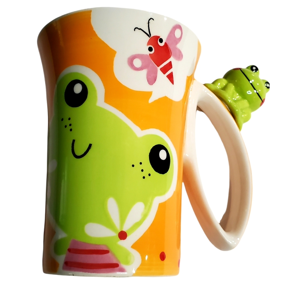 Indra Hand Painted Fine Stoneware 3D Happy Frogs Butterfly Orange Coffee Cup - Picture 10 of 10